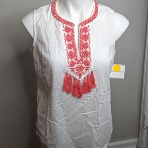 Liz Claiborne || White and Coral Embellished Top